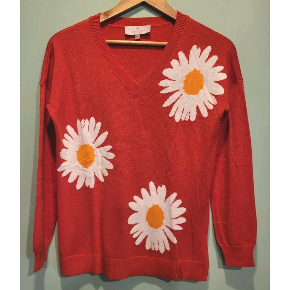 Laurie Felt Red Daisy Lightweight V Neck Oversized Sweater Sz XXS
